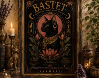 May include: Framed art print featuring a black cat, adorned with jewelry, set against a dark background with the word "BASTET" at the top. The print includes Egyptian symbols and text, with a vintage aesthetic. The frame is dark brown.