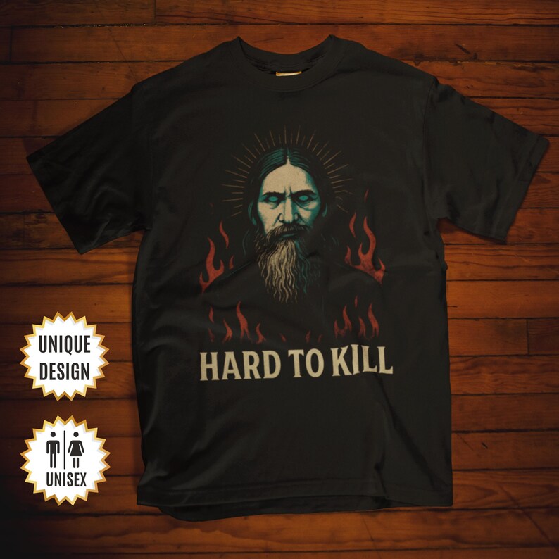 Mystical Rasputin t-shirt featuring a dark grunge occult illustration inspired by the legendary Russian mystic, with gothic aesthetic and esoteric symbolism. Funny dark humor shirt for history lovers, occult fans, and gothic style enthusiasts, designed with a vintage distressed look.