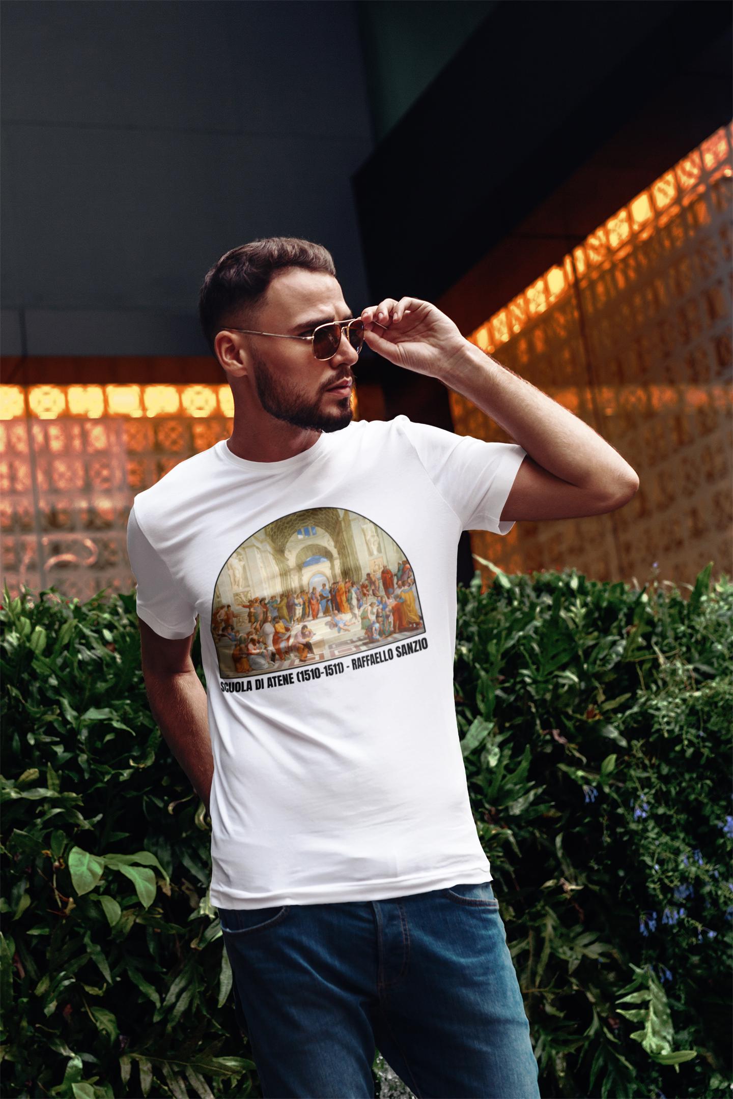 ラファエロ・サンツィオ作「アテネの学堂」Tシャツ 芸術愛好家への 