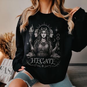 Hecate Goddess Sweatshirt: Triple Moon Pagan Goddess Witch Crewneck | Wiccan Dark Feminine Unisex Pullover | Witchcraft Hekate Apparel