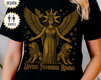 May include: A black t-shirt with a gold design of a winged woman with a crown, surrounded by stars and lions. The text "DIVINE FEMININE RISING" is below the design. The text "EXCLUSIVE. MYSTIC. JUST FOR YOU" is at the bottom of the shirt.