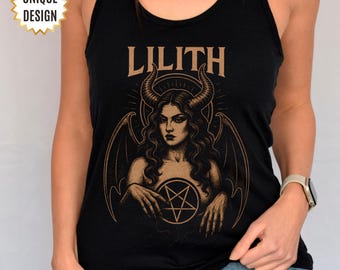 May include: Black tank top with a detailed illustration of Lilith, a figure with horns, wings, and a pentagram. The design is in brown and tan. Text includes "LILITH" and "UNIQUE DESIGN".