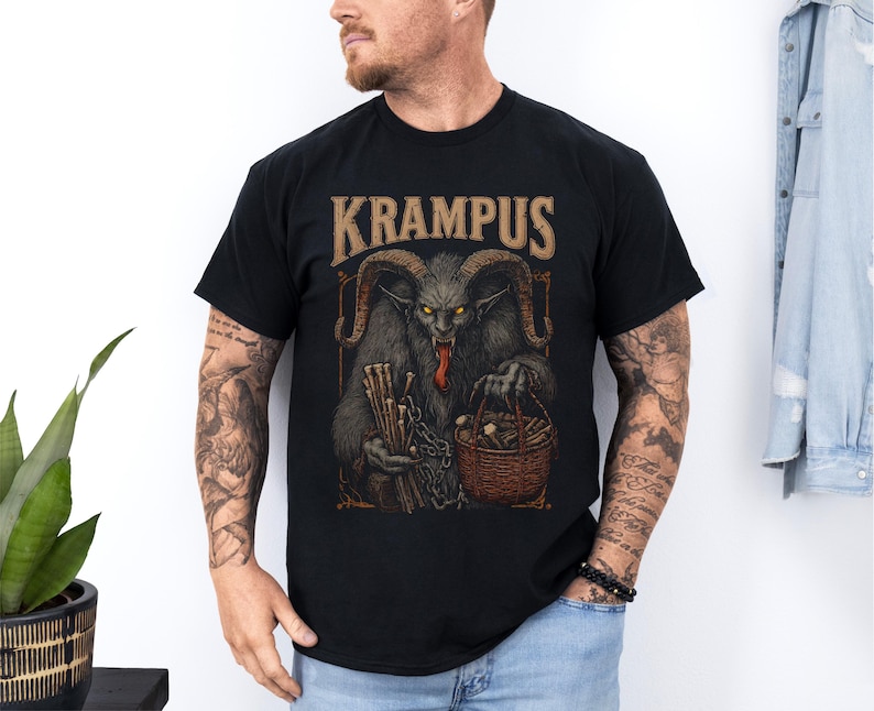 Dark Krampus Christmas shirt featuring the legendary holiday demon from Alpine folklore, perfect for fans of gothic fashion, pagan style, and alternative holiday apparel.