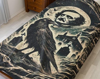 Edgar Allan Poe Blanket: Gothic Home Decor Velveteen Plush Throw with Raven Art | Horror Gift for Dark Academia & Poe Lovers