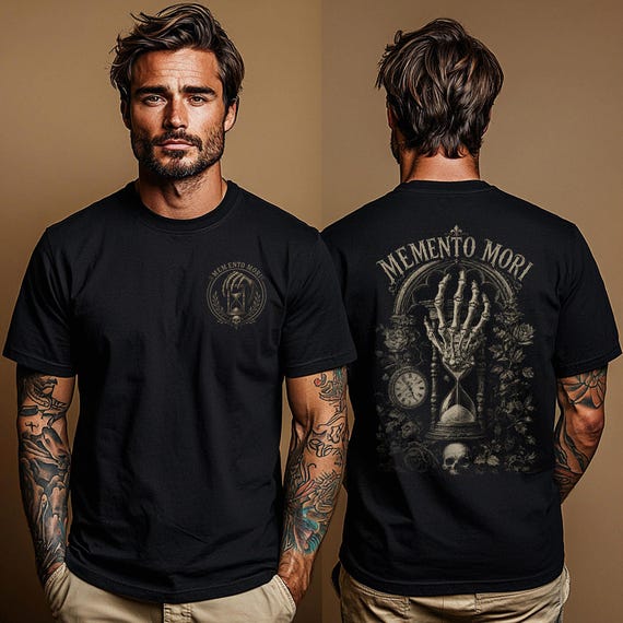 Memento Mori Shirt: Stoic Philosophy T Shirt | Gothic Clothing Gift | Dark Academia Shirt | Skeleton Hand & Hourglass Graphic