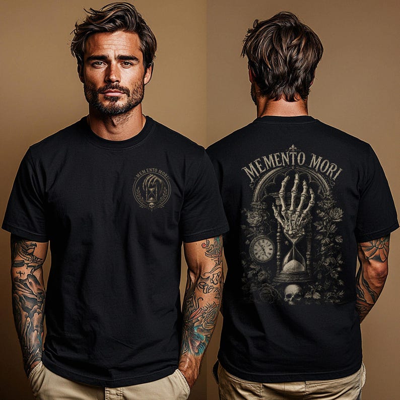 Memento Mori shirt featuring a vintage skeleton hand holding an hourglass, inspired by Stoic philosophy and mortality symbolism. Gothic t-shirt design with dark academia aesthetic, antique engraving style artwork, and memento mori theme. Perfect for lovers of stoicism, philosophy, gothic fashion, medieval art, existential symbolism, and alternative clothing.