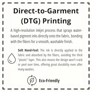 May include: White graphic with the text "Direct-to-Garment (DTG) Printing" and descriptions of the process. The image highlights the soft hand-feel and eco-friendly aspects of DTG printing.
