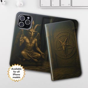 Funda para iPhone con diseño de Baphomet, regalo gótico, funda tipo billetera gótica ocultista, diseño de cabeza de cabra satánica, funda tipo libro con diseño de cabra sabática, funda con pentagrama de bruja.