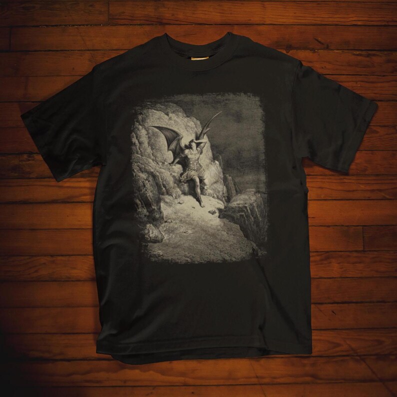 Paradise Lost Gustave Doré Shirt - John Milton Engraving T-Shirt featuring Lucifer as Fallen Angel. Perfect gift for art lovers. Classic art design for fans of famous engravings and iconic paintings.