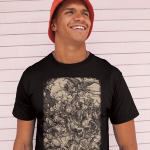 Albrecht Durer The Four Horsemen from The Apocalypse on a T-shirt. Detailed engraving of conquest, war, famine, and death in a classic, comfortable fit