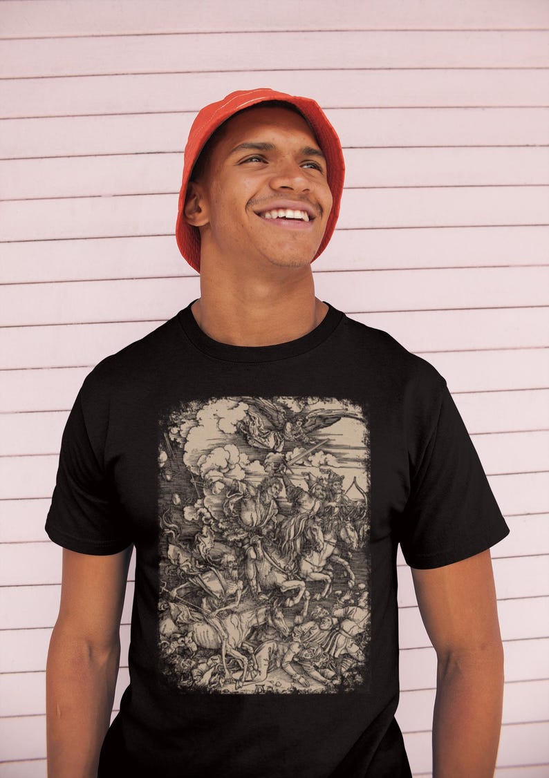Albrecht Durer The Four Horsemen from The Apocalypse on a T-shirt. Detailed engraving of conquest, war, famine, and death in a classic, comfortable fit