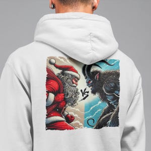 Krampus vs Santa Claus Hoodie, Xmas Funny Graphic Hoodie, Dark Holiday Apparel, Comic-Style Christmas Sweatshirt, Dark Folklore Gift Idea