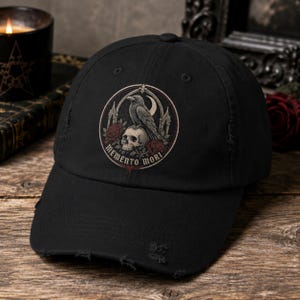 Boné Memento Mori com efeito desgastado: Boné de beisebol gótico | Boné estilo Dark Academia | Presente para fã de filosofia estoica