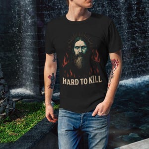Mystical Rasputin t-shirt featuring a dark grunge occult illustration inspired by the legendary Russian mystic, with gothic aesthetic and esoteric symbolism. Funny dark humor shirt for history lovers, occult fans, and gothic style enthusiasts, designed with a vintage distressed look.