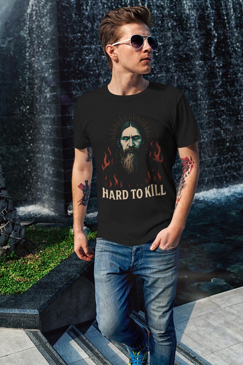 Mystical Rasputin t-shirt featuring a dark grunge occult illustration inspired by the legendary Russian mystic, with gothic aesthetic and esoteric symbolism. Funny dark humor shirt for history lovers, occult fans, and gothic style enthusiasts, designed with a vintage distressed look.