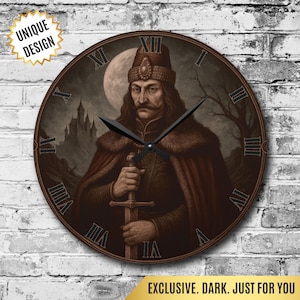 May include: Round wall clock with a dark brown frame featuring a portrait of a historical figure holding a sword. The background includes a castle, a full moon, and Roman numerals. The clock has the text "UNIQUE DESIGN" and "EXCLUSIVE. DARK. JUST FOR YOU".