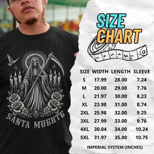 Santa Muerte Gothic Shirt - Holy Death T-Shirt featuring Day of the Dead skull design. Perfect Mexican folk art skeleton top for Dia de los Muertos celebrations or as a unique gift idea. Stylish and symbolic gothic tee for fans of Santa Muerte.