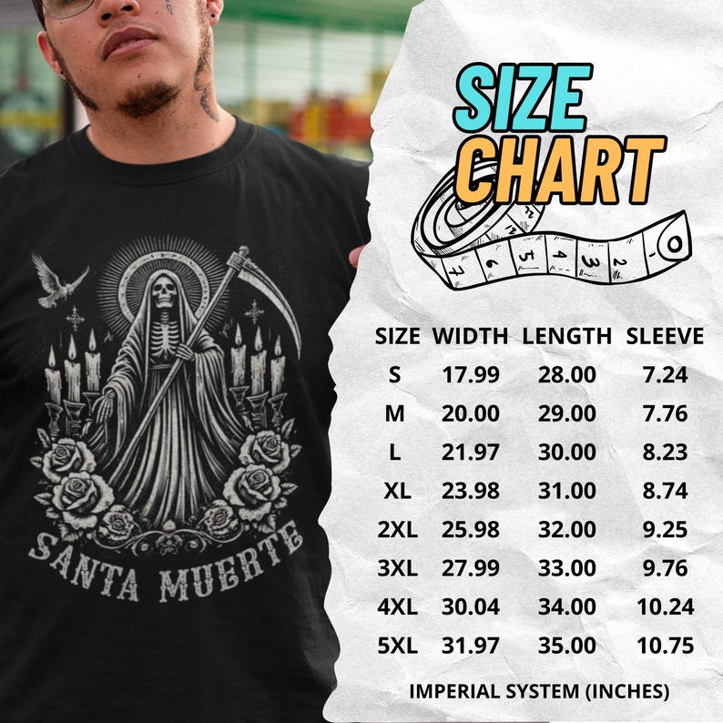 Santa Muerte Gothic Shirt - Holy Death T-Shirt featuring Day of the Dead skull design. Perfect Mexican folk art skeleton top for Dia de los Muertos celebrations or as a unique gift idea. Stylish and symbolic gothic tee for fans of Santa Muerte.