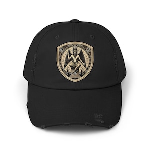 Baphomet Cap Gift For Gothic, Satanic Hat, Occult Goth Cap Fashion Sabbatic Goat, Wiccan Headwear, Gift for Him or Her, Distressed Cap