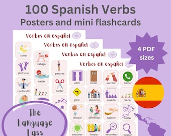 May include: A set of four printable posters and flashcards featuring 100 Spanish verbs. Each card has a colorful illustration and the Spanish word for the verb. The posters and flashcards are designed to help learners of Spanish improve their vocabulary and understanding of verb conjugation.