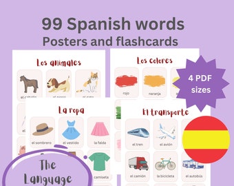 Könnte beinhalten: Lehrreiche Poster und Karteikarten zum Erlernen von 99 spanischen Wörtern. Die Poster zeigen Illustrationen von Tieren, Farben, Kleidung und Transportmitteln mit spanischen Vokabelbeschriftungen. Enthält eine spanische Flagge und den Text "The Language Lass."