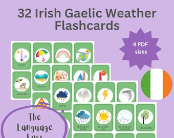 32 Irish Gaelic Weather Flashcards | Irish Flashcards | Irish Gaelic | Irish | Gaeilge