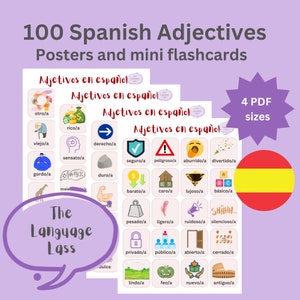 May include: Four colourful posters with the text "Adjetivos en español" and illustrations of various objects. Each poster features a different set of Spanish adjectives with corresponding images. The posters are designed for learning Spanish vocabulary.