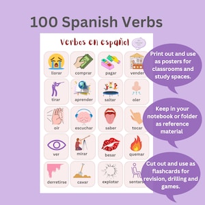 May include: A colorful chart with 100 Spanish verbs, each verb is illustrated with a simple image and the word written below. The chart is designed to be used as posters, flashcards, or notebook reference material for learning Spanish.