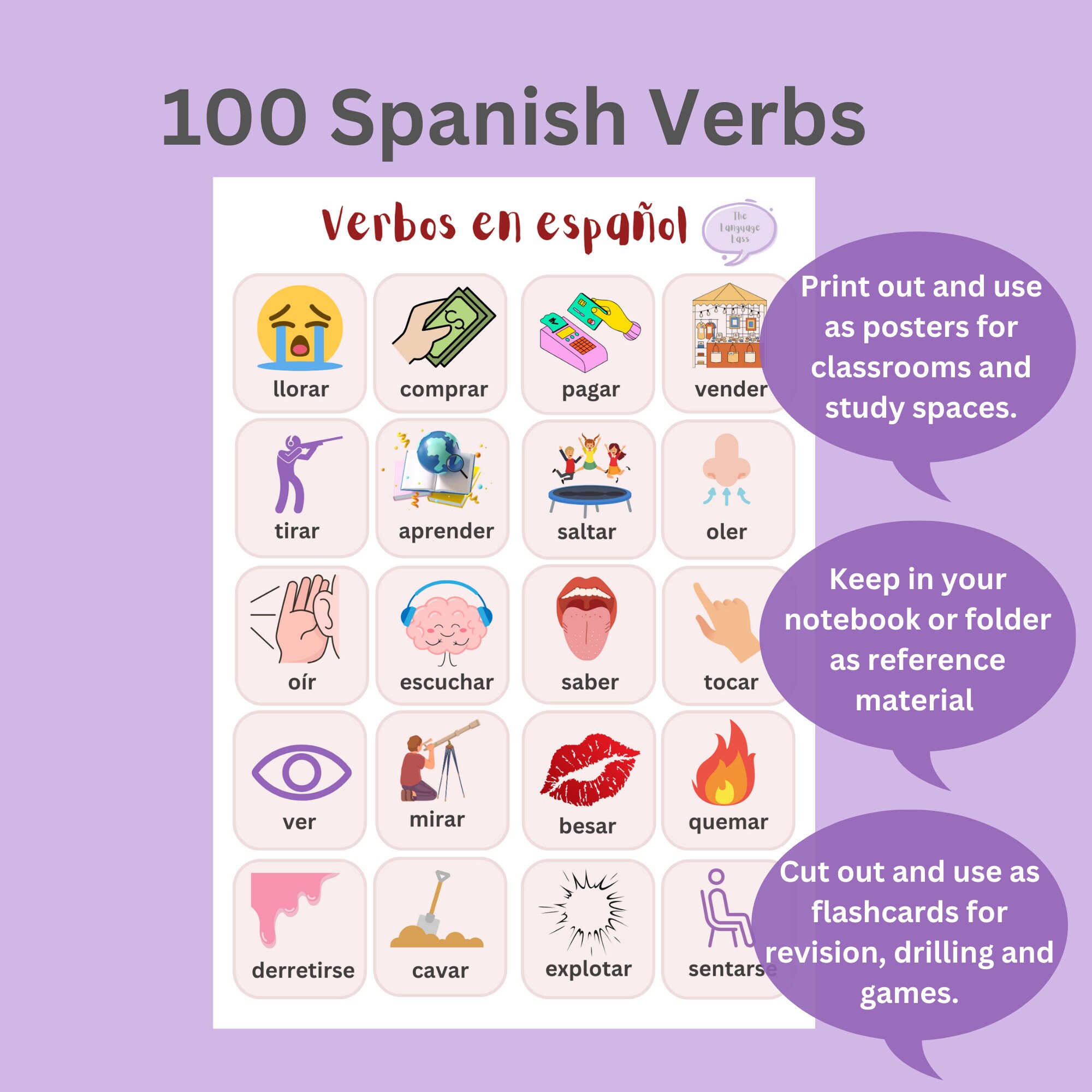 100-spanish-verbs-spanish-vocabulary-spanish-vocabulary-flashcards-etsy
