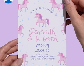 Scottish Gaelic Unicorn Birthday Invitation for Kids – Personalised Printable Co‑Là‑Breith Invite