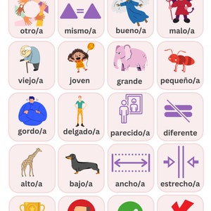 May include: A colorful chart with illustrations and Spanish words for adjectives. The words are written in purple, red, and black text. The illustrations include a group of hands, a triangle, an angel, a devil, an elderly person, a young girl, an elephant, an ant, a person with their arms crossed, a person standing, a person in a mirror, two parallel lines with a diagonal line through them, a giraffe, a dachshund, a double-headed arrow, a double-headed arrow with a line through it, a trophy, a thumbs down, a check mark, and an X.