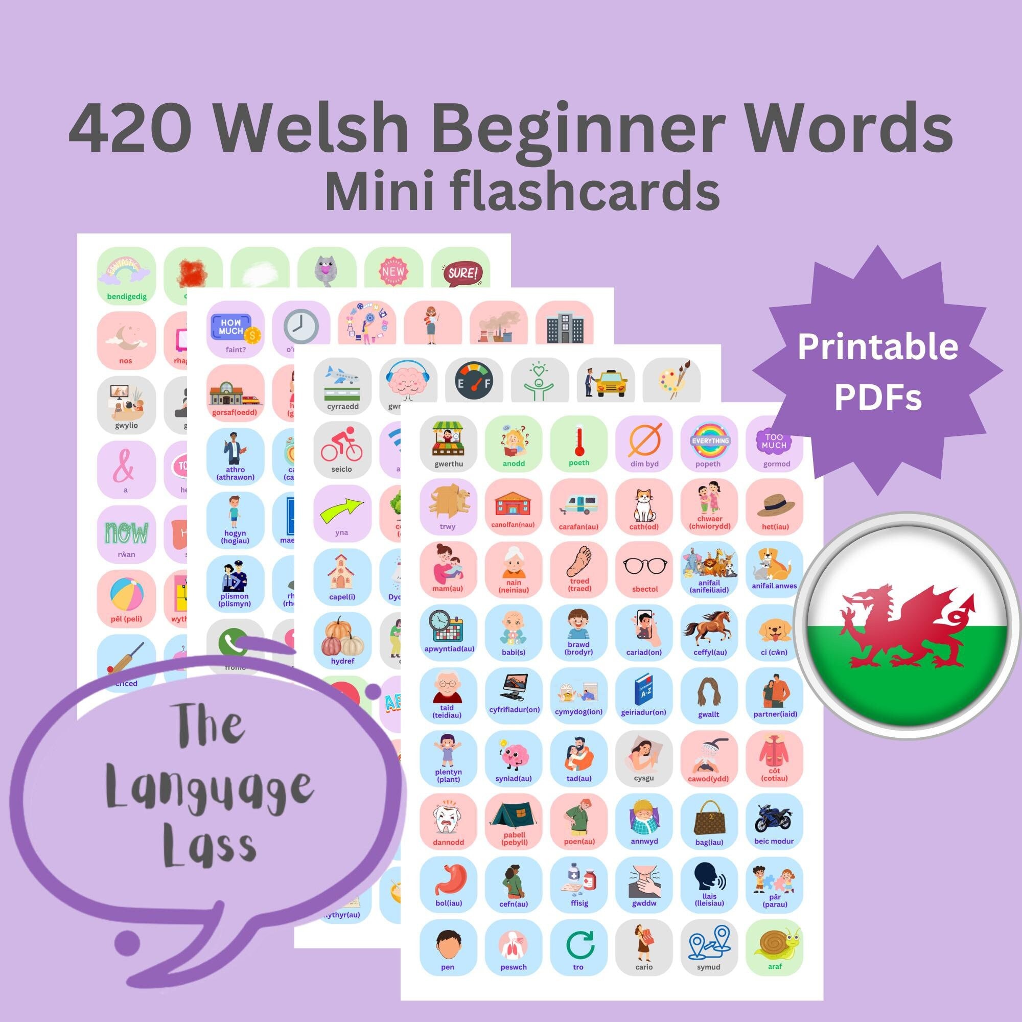 420 fichas didácticas de palabras en galés para principiantes / Vocabulario galés para principiantes / Dysgu Cymraeg / Aprende galés / Fichas didácticas de galés para imprimir