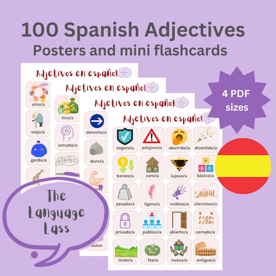 100 Spanish Adjectives Flashcards: Vocabulary Learning (PDF Download)
