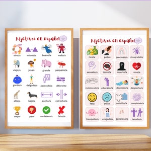 May include: Two colorful posters with the title "Adjectives in Spanish" and illustrations of various objects and people. Each poster features a grid of 16 squares, each containing an image and a Spanish adjective.