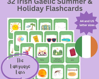 Irish Gaelic Summer Flashcards for Kids | 32 Holiday Vocabulary Cards | Gaeilge Learning Resource