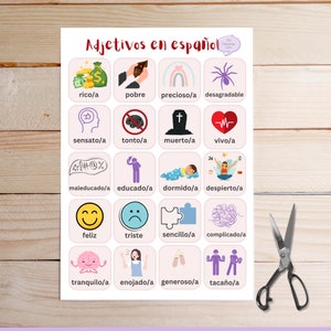 May include: A colorful chart with Spanish adjectives and illustrations. The chart includes words like "rico/a" (rich), "pobre" (poor), "precioso/a" (precious), and "desagradable" (disagreeable).