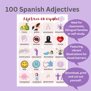 May include: A colorful chart with 100 Spanish adjectives, each illustrated with a cartoon image. The chart is ideal for classrooms, bilingual families, or self-study. The text "Adjetivos en espa&ntilde;ol" is at the top of the chart.