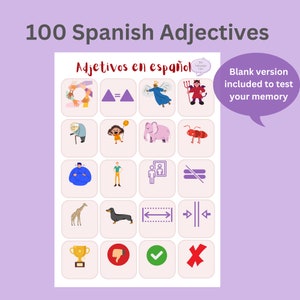 May include: A colorful chart with 16 squares, each containing an image and a Spanish word. The chart is titled "Adjetivos en espa&ntilde;ol" and is designed to help learners of Spanish improve their vocabulary.