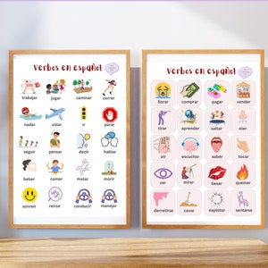 May include: Two colorful posters with the title "Verbos en espa&ntilde;ol" (Spanish verbs) and illustrations of different verbs. Each poster has 16 squares with a picture and the Spanish word for the verb.