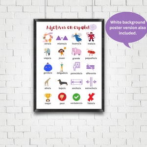 May include: A colorful educational poster with illustrations and Spanish words for adjectives. The poster features a variety of images, including a giraffe, a dachshund, a trophy, and a thumbs down sign. The words are written in Spanish and English.