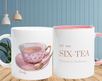 SIX-TEA Birthday 1965 Pink Tea Cup for 60th Birthday Gifts for Women Birthday Mug for 60 Birthday Tea Pun Gift for 60th Birthday Mugful