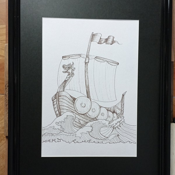 Original drawing fineliner sepia drakkar langskip viking norse