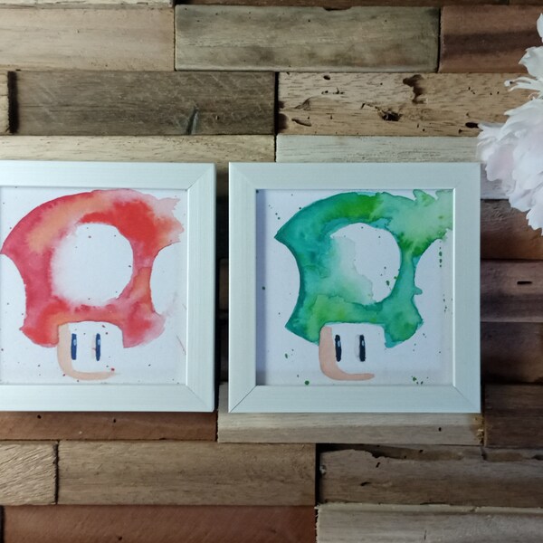 Duo de cadres champignons Mario rouge et vert à l'aquarelle