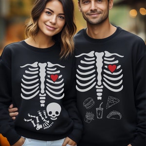 Halloween Matching Couple Pregnancy Announcement To Husband Sweatshirt, Pregnancy Reveal Skeleton Shirt, Halloween Skeleton Sweatshirt