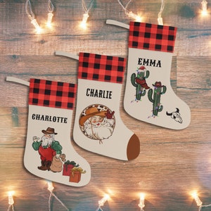 Personalized Western Christmas Cactus Stockings, Custom Plaid Holiday Stockings, Vintage Family Christmas Stockings, Stockings With Names