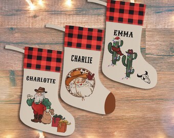 Personalized Western Christmas Cactus Stockings, Custom Plaid Holiday Stockings, Vintage Family Christmas Stockings, Stockings With Names