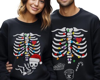 Christmas Matching Couple Pregnancy Announcement To Husband Sweatshirt, Xmas Pregnancy Reveal Skeleton Sweater, Christmas Skeleton Crewneck