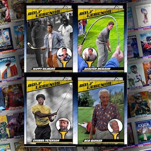 Conjunto de colecionador Happy Gilmore Golf Legends com 4 cartas ACEO personalizadas - Happy Gilmor, Shooter McGavin, Chubbs Peterson e Bob Barker Adam Sandler!!