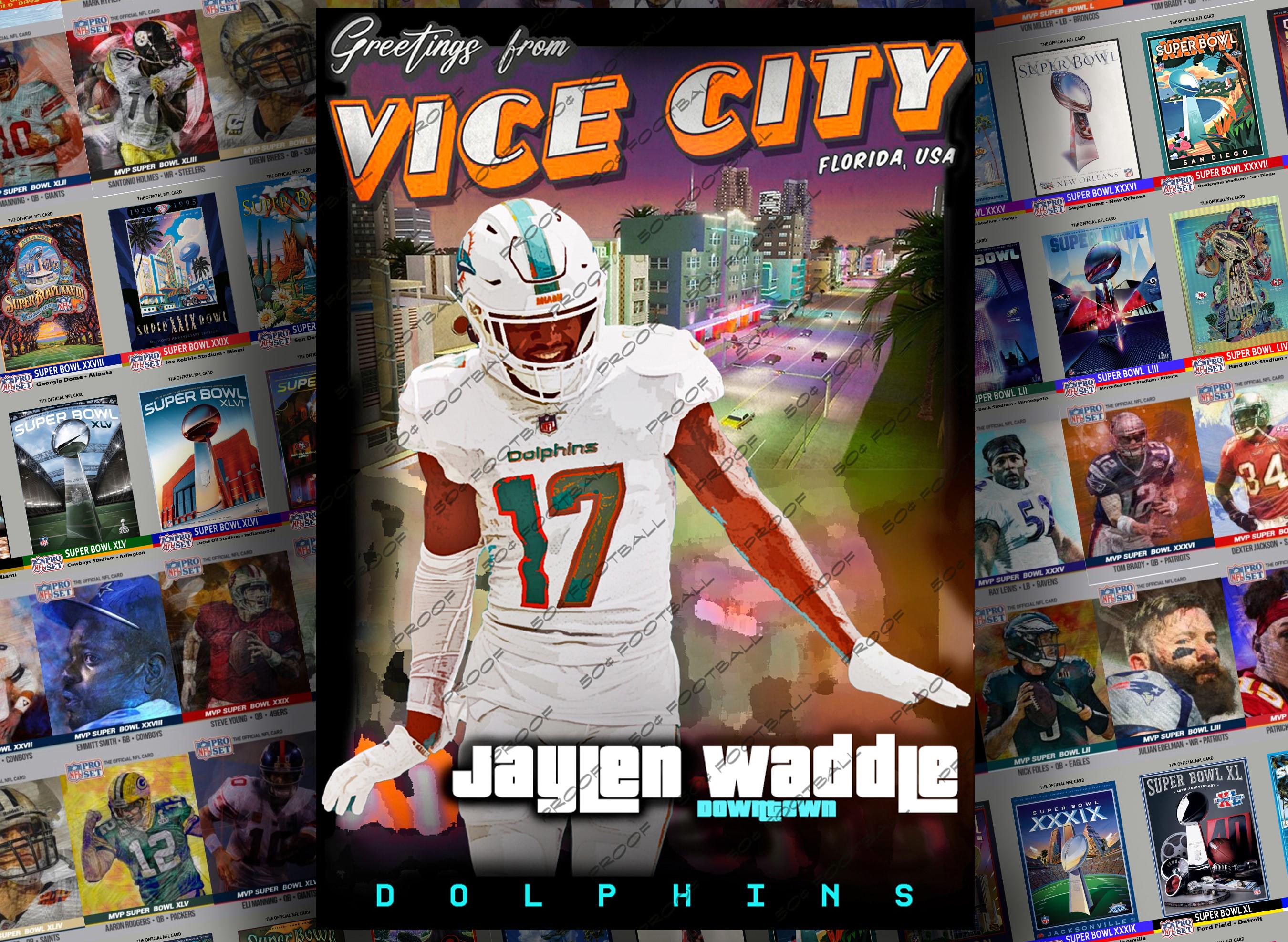 Jaylen Waddle Vice City Downtown Custom Trading Card - Dolphins