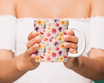Watercolor Flower Mug with Seamless Pattern - Handmade Ceramic Mug, Floral Coffee Mug, Gift for Her